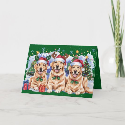 Golden Holiday Retrieve Frohe Weihnachtskarte Grün Einladung (Vorderseite)