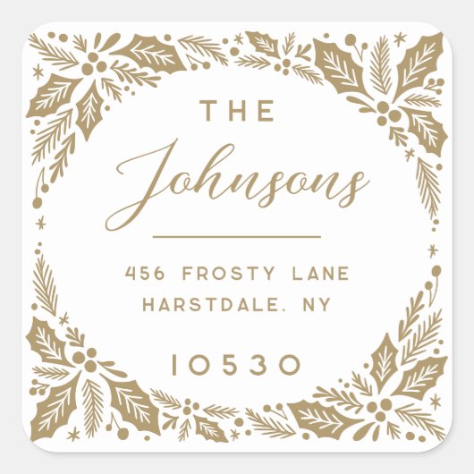 Golden Holly Berry Rücksendeadresse Quadratischer Aufkleber (Vorderseite)