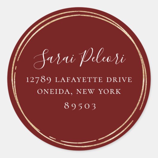 Golden Hoop Rahmen Marsala Rote Rücksendeadresse Runder Aufkleber (Vorderseite)