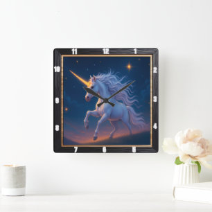 Golden Horn Unicorn Starry Journey Quadratische Wanduhr