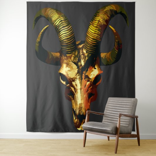 Golden Horned Skull - Dunkle Kunst Wandteppich (Beispiel)