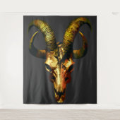 Golden Horned Skull - Dunkle Kunst Wandteppich (Vorderseite)