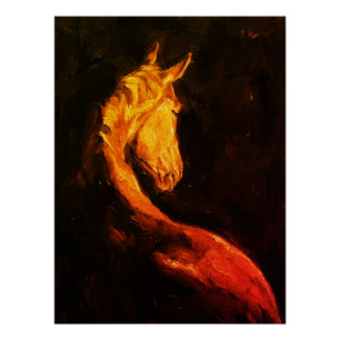 Golden Horse Ölmalerei – Dunkler Ausdrucksstarkes Poster