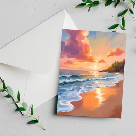 Golden Hour Beach Sunset Watercolor Painting Card