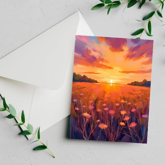 Golden Hour Blume Field Watercolor Sonnenset Card