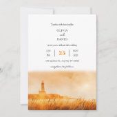 Golden Hour Coastal Lighthouse View Beach Hochzeit Einladung (Vorderseite)