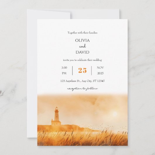 Golden Hour Coastal Lighthouse View Beach Hochzeit Einladung (Vorderseite)
