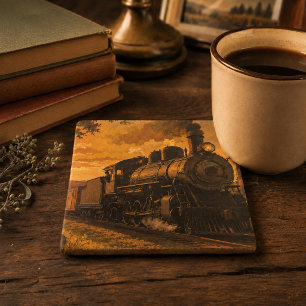Golden Hour Express Vintage-Dampflokzug Steinuntersetzer