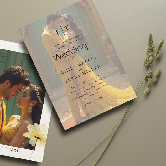 Golden Hour Grace Overlay Foto & Monogram Wedding Einladung