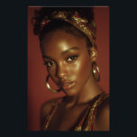 Golden Hour Melanin Beauty Headwrap Portrait Fotodruck<br><div class="desc">Golden-hour light bathes rich brown skin in a warm, luminous glow, accentuating sharp cheekbones, glossy lips, and piercing eyes framed by natural lashes. A vibrant red-gold patterned headwrap crowns her head in elegant volume, while large hammered gold hoops add timeless shine against a solid burnt-orange backdrop. The intimate close-up radiates...</div>