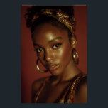Golden Hour Melanin Beauty Headwrap Portrait Poster<br><div class="desc">Golden-hour light bathes rich brown skin in a warm, luminous glow, accentuating sharp cheekbones, glossy lips, and piercing eyes framed by natural lashes. A vibrant red-gold patterned headwrap crowns her head in elegant volume, while large hammered gold hoops add timeless shine against a solid burnt-orange backdrop. The intimate close-up radiates...</div>
