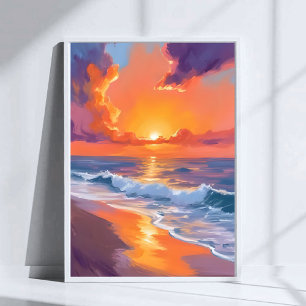 Golden Hour Orange Sunset Beach Ozeanmalerei Poster