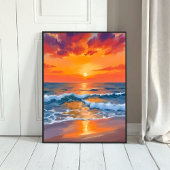 Golden Hour Sunset Ocean Beach Painting Poster