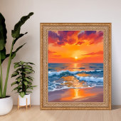 Golden Hour Sunset Ocean Beach Painting Poster