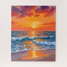 Golden Hour Sunset Ocean Beach Painting Puzzle