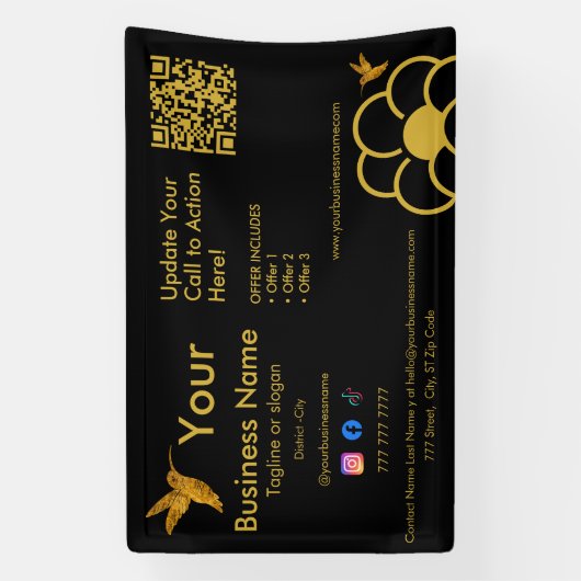 Golden Hummingbird Logo QR Code Black Business Banner (Vertikal)
