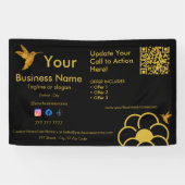 Golden Hummingbird Logo QR Code Black Business Banner (Horizontal)