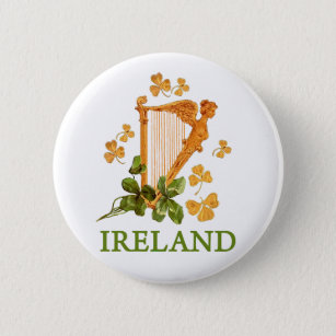 Golden Irish Harp mit goldenen und grünen Kleeblät Button