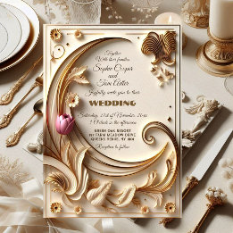 Golden Ivory Baroque Asymmetric Crescent Wedding Einladung