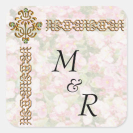 Golden Jeweled Floral Wedding Mit Monogramm Quadratischer Aufkleber