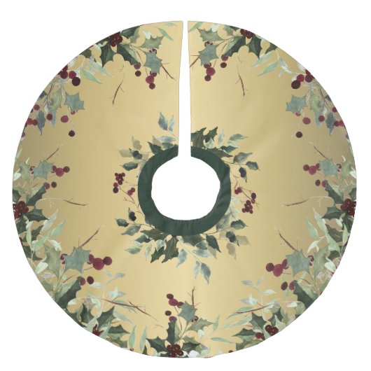 Golden Jolly Holly Holiday Berry Tree Skirt Polyester Weihnachtsbaumdecke (Vorderseite)