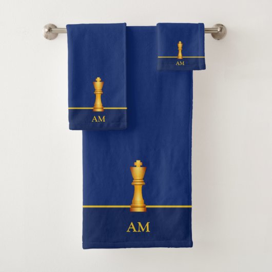 Golden King & Monogram on Navy Blue Badhandtuch Set (Insitu)