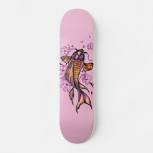 Golden Koi Carp und rosa Blüten Skateboard
