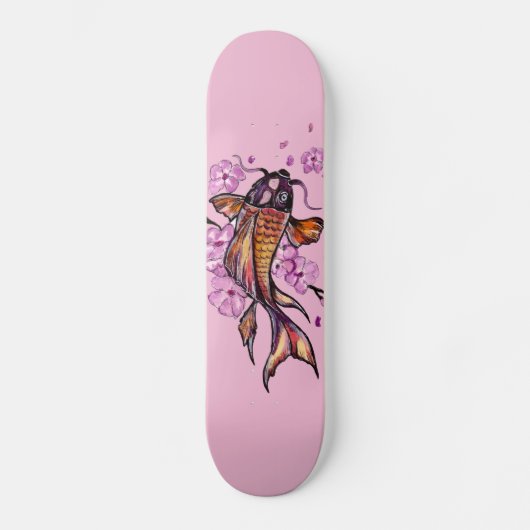 Golden Koi Carp und rosa Blüten Skateboard (Vorderseite)