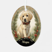 Golden Labrador Welppy's First Christmas Ornament Aus Metall (Vorderseite links)