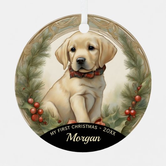 Golden Labrador Welppy's First Christmas Ornament Aus Metall (Vorderseite)