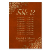 Golden Lace Chic Rust Orange Wedding Chart Tischnummer (Vorderseite)