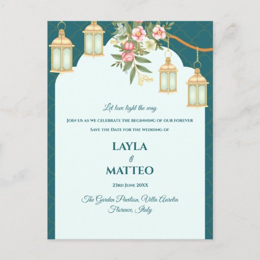 Golden Lantern Floral Teal Blue Wedding Ankündigungspostkarte (Vorderseite)
