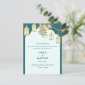 Golden Lantern Floral Teal Blue Wedding Ankündigungspostkarte (Stehend Vorderseite)