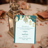 Golden Lantern Floral Teal Blue Wedding Ankündigungspostkarte