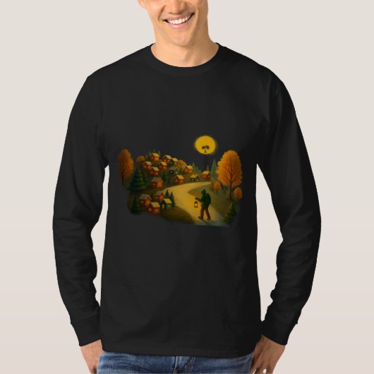 Golden Lantern Path Village Illustration Art Print T-Shirt (Vorderseite)