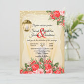 Golden Lanterns und Rote Blume Hochzeit Einladung (Stehend Vorderseite)