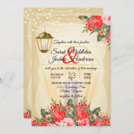 Golden Lanterns und Rote Blume Hochzeit Einladung