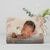 Golden Laurel | Rose Gold Foil Geburtserklärung Folieneinladung (Stehend vorne)