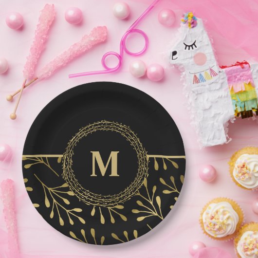 Golden Leaf Muster Schwarz & Gold Elegantes Monogr Pappteller (Party)