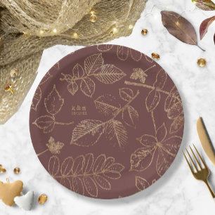 Golden Leaf Muster Wedding Gold/Burgund ID655 Pappteller