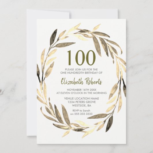 Golden Leaf Wreath 100. Geburtstagsparty Einladung (Vorderseite)