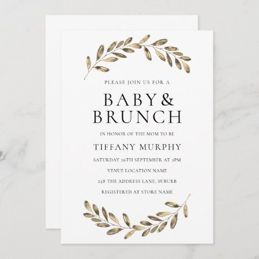 Golden Leaf Wreath Baby Brunch Einladung (Vorne/Hinten)