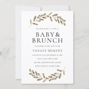 Golden Leaf Wreath Baby Brunch Einladung