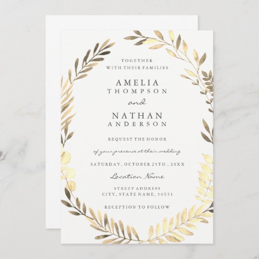 Golden Leaf Wreath Garden Hochzeit Einladung (Vorne/Hinten)