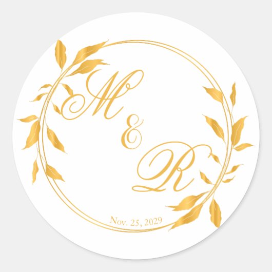 Golden Leafy Wreath Mit Monogramm Gastgeschenk Hoc Runder Aufkleber (Vorderseite)