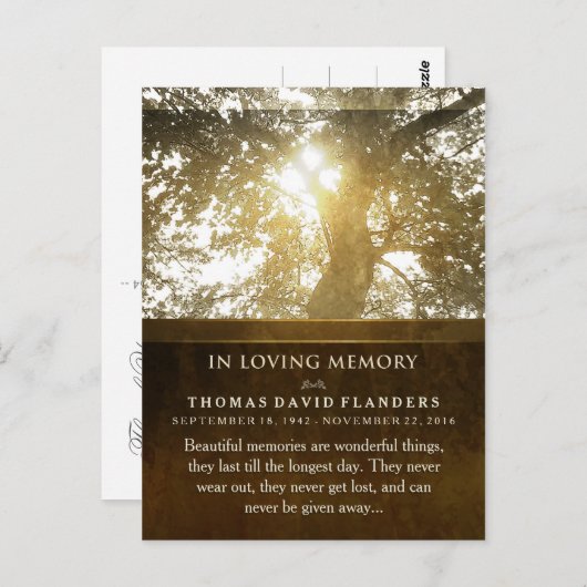 Golden Light Tree in Memory Beileid Vielen Dank Postkarte (Vorne/Hinten)