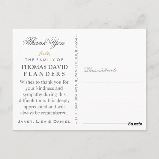 Golden Light Tree in Memory Beileid Vielen Dank Postkarte (Rückseite)