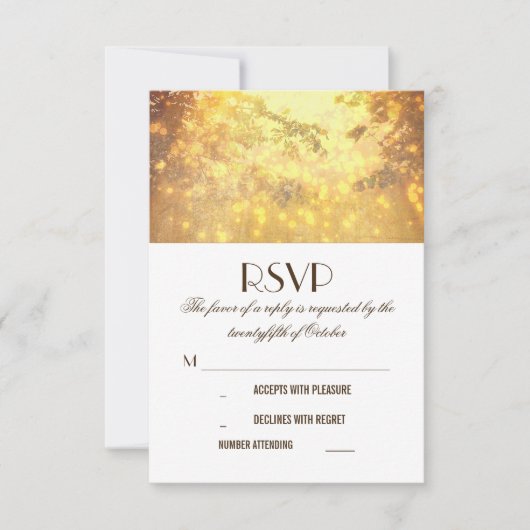 Golden Lights Tree Branches Wedding RSVP Karten (Vorderseite)
