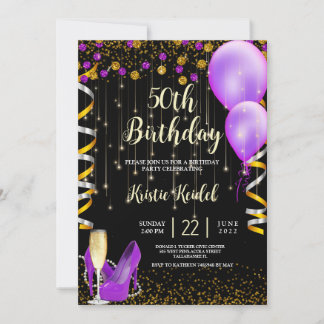 Golden Lila Balloons und Champagner Einladung