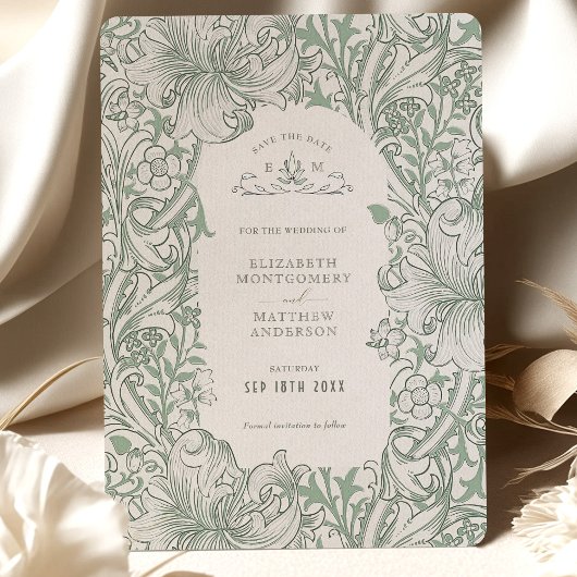 Golden Lily Sage Green Morris Save the Date Einladung